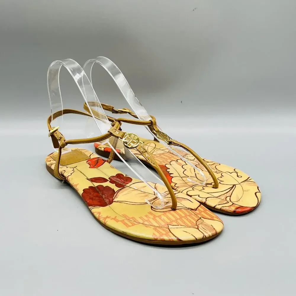 Tory Burch Sandals Womens 7.5 Tan Patent Leather Floral Thong Logo Flats